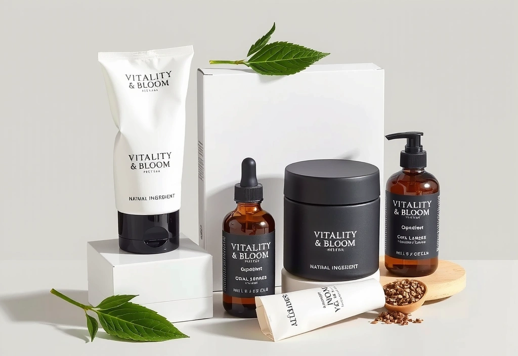 A beautifully arranged display of Vitalityandbloometc's first product line, showcasing natural ingredients and elegant packaging. Bright, clean aesthetic. No text.