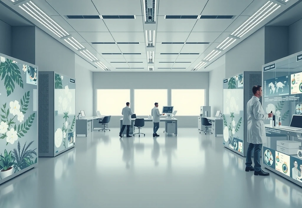 Futuristic laboratory setting with botanical elements, symbolizing ongoing research and future innovations at Vitalityandbloometc. Clean, high-tech aesthetic. No text.