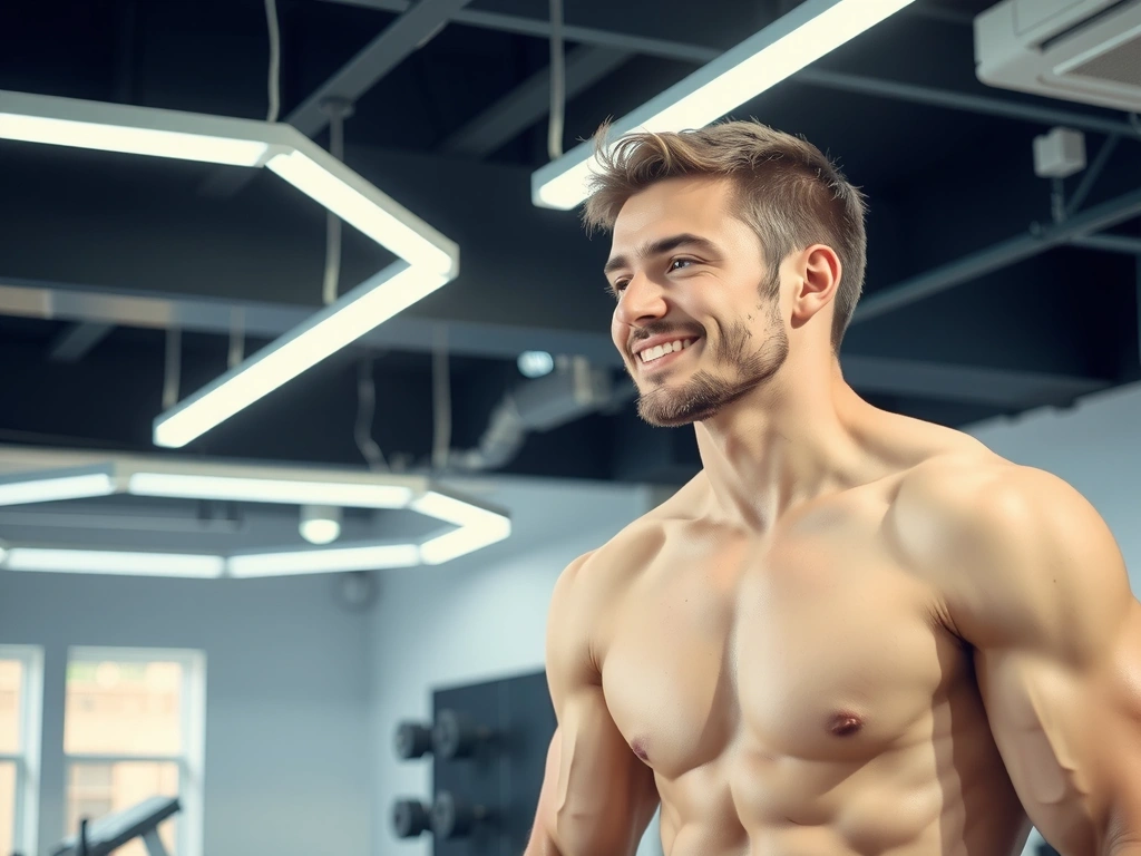 A strong man in a gym, symbolizing men's health and supplements.