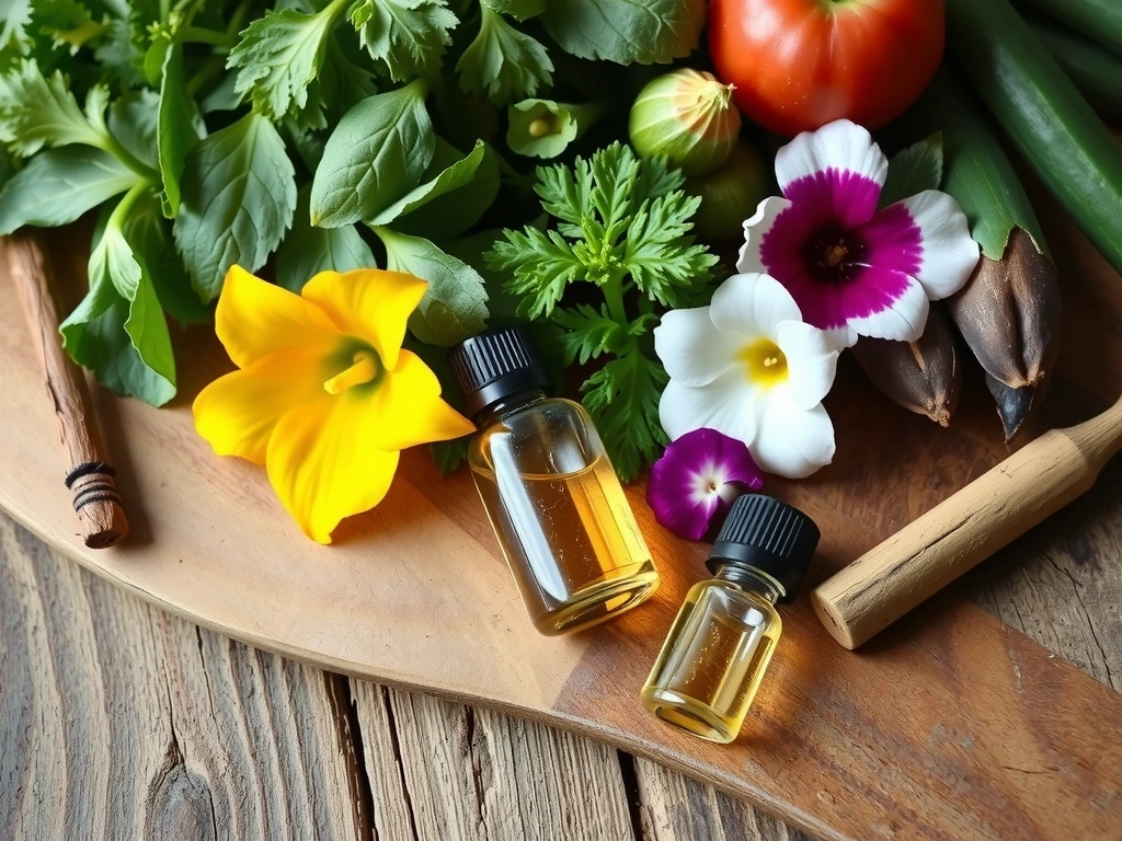 A close-up of natural ingredients like herbs, flowers, and essential oils, signifying purity and nature.