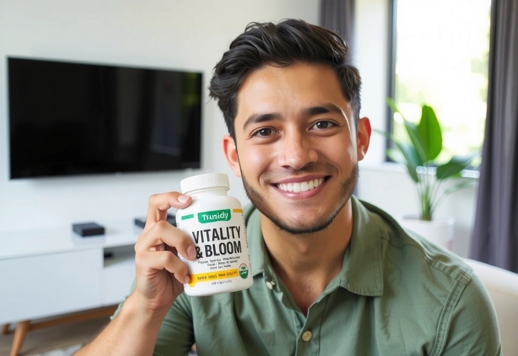 A confident man smiling, holding a Vitalityandbloometc supplement bottle, representing trust and quality.